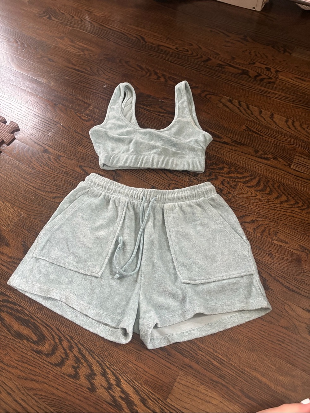 Zara Light Seafoam Terry Cloth Lounge Set - Crop Tank & Drawstring Shorts